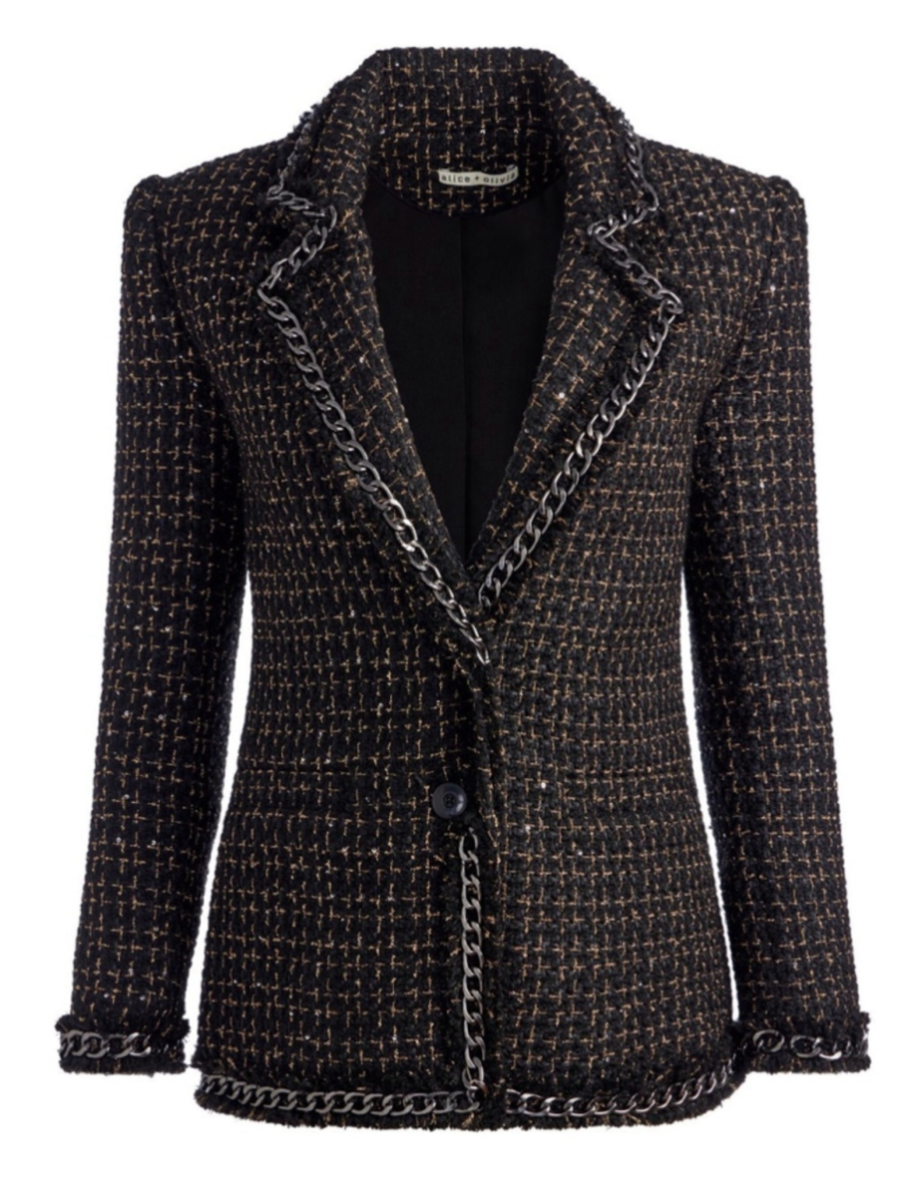 ALICE + OLIVIA Shan Oversized Chain Fringe Blazer Black Gold 8 NWT